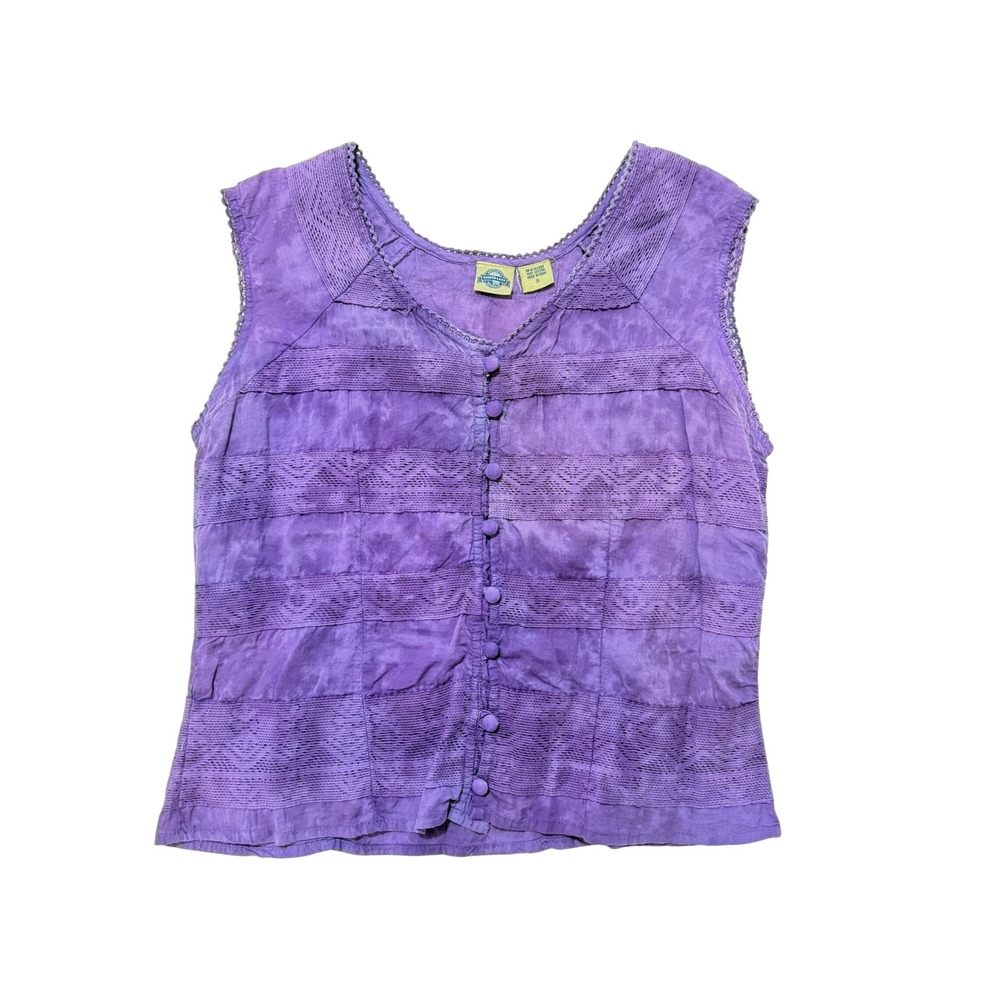 VTG Shaver Lake Casuals Purple Cotton Lace Trim Button Front Sleeveless Top S